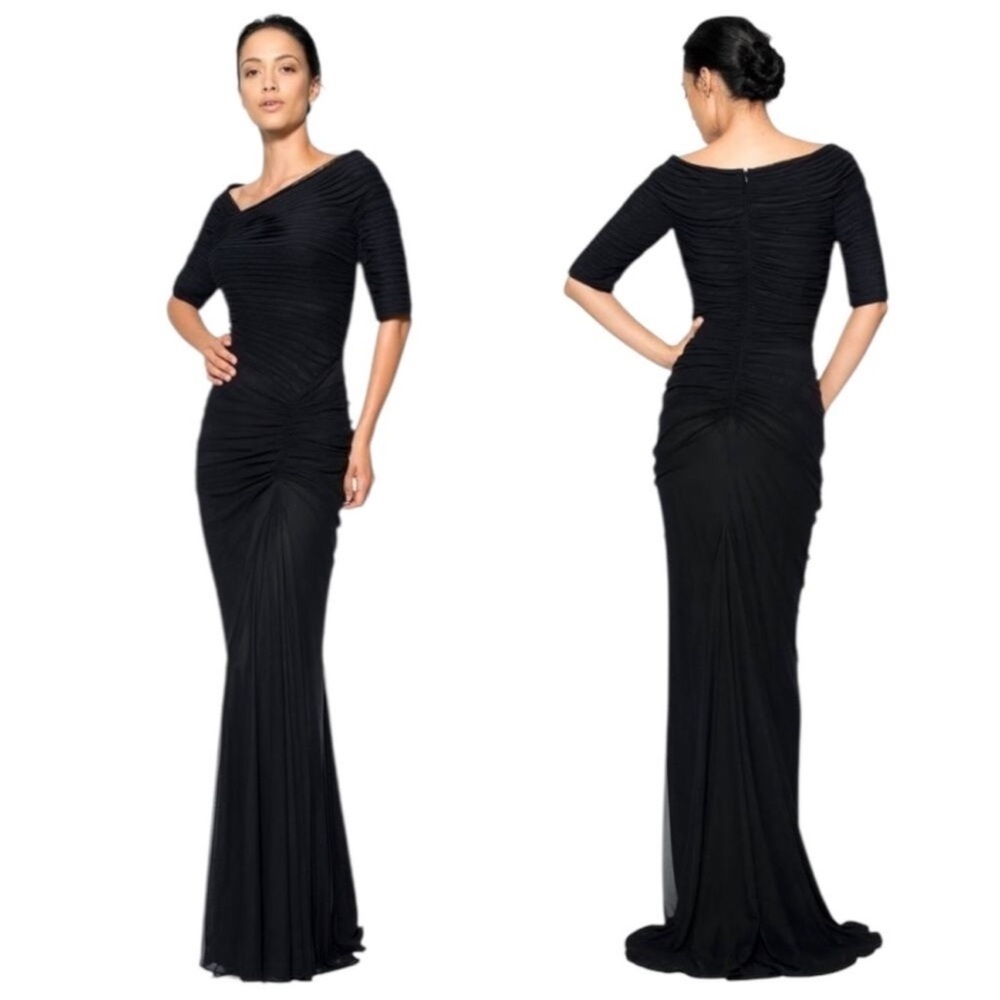 EUC - Tadashi Shoji Asymmetric Ruched Draped Black Mesh Gown - M